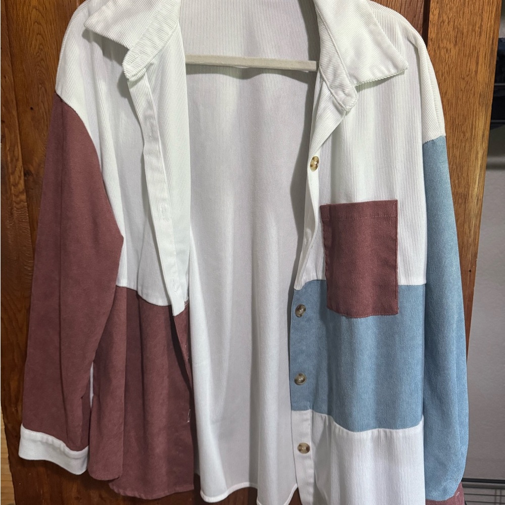SHEIN White and Blue Utility Jacket Relaxed Fit